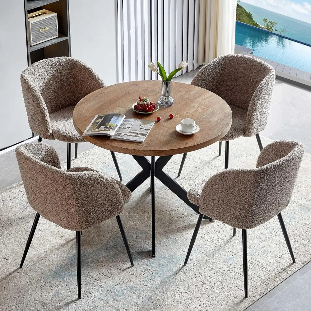 

5 Pieces Round Dining Table Set with Armchairs, 37-Inch MDF Table-top, Faux Fur Brown Dining Chairs Set with Black Metal Leg