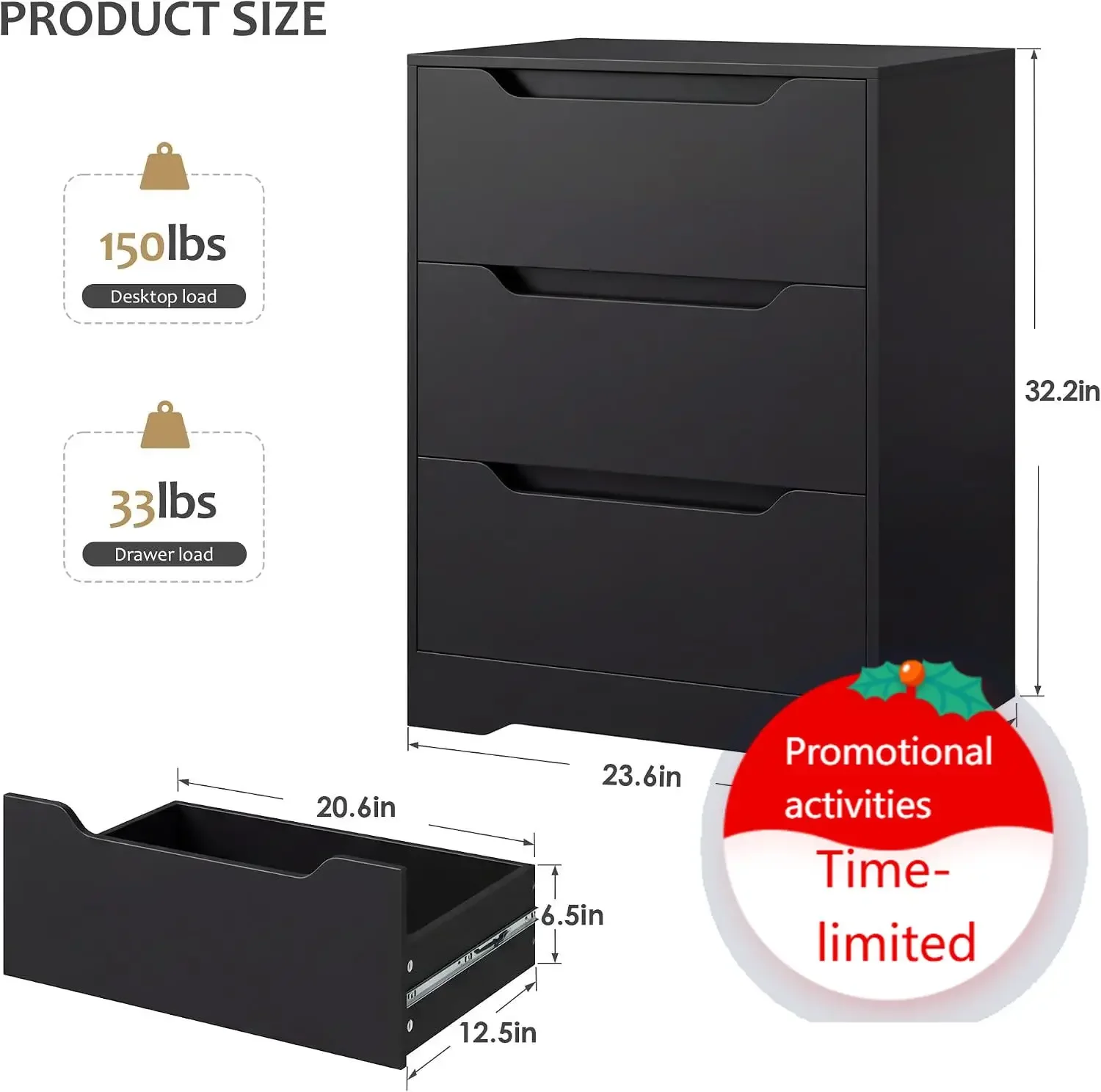 Modern 3 Drawers Dresser, Wood Chest of Drawers with Storage, Black | Small Dresser with Cut-Out Handles, Black Dresser, 3 Drawe