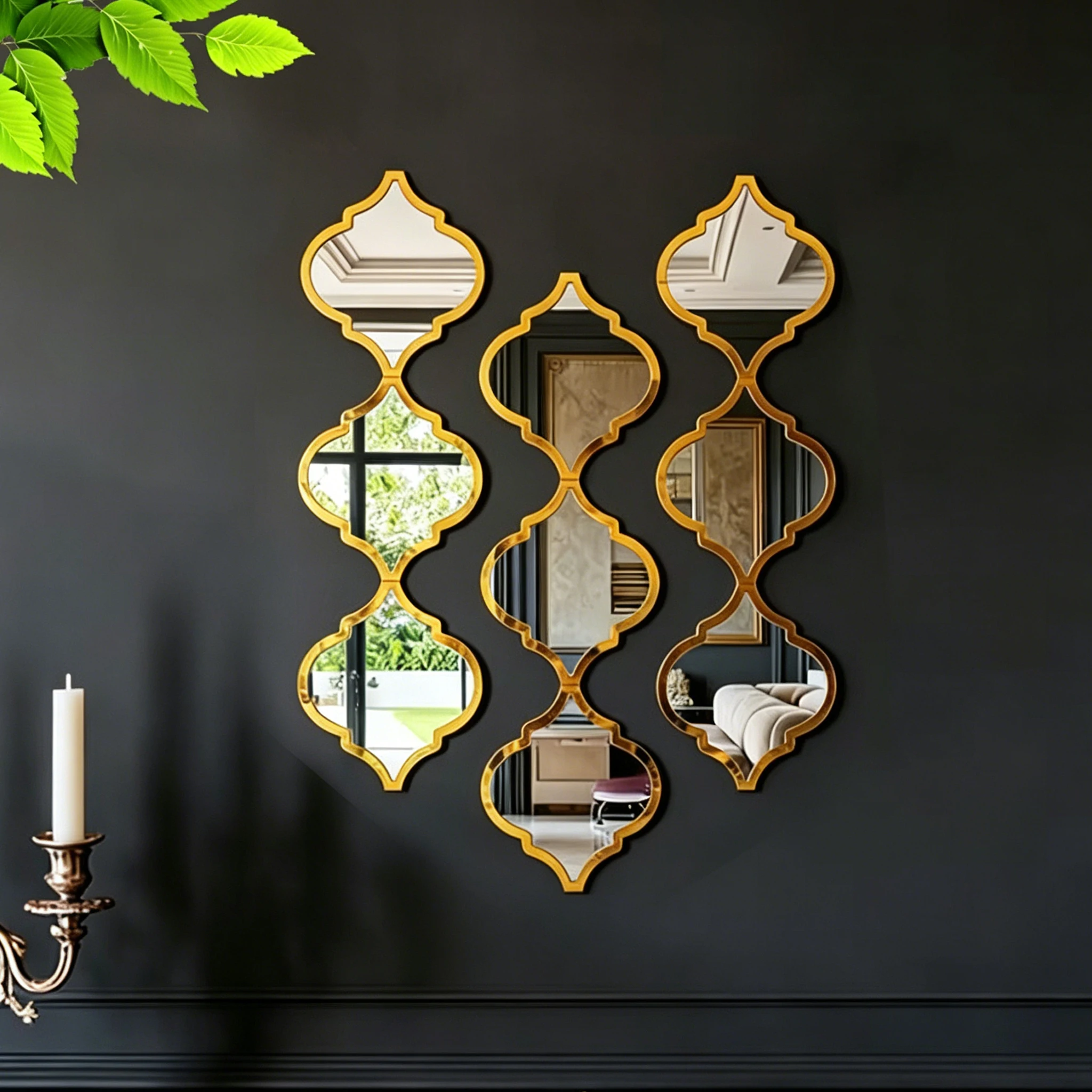 12pcs Moroccan Wall Mirror Set, Large Gold Decorative Mirrors for Wall, Living Room Bedroom Hallway Decor, Vintage Arabesque Hom