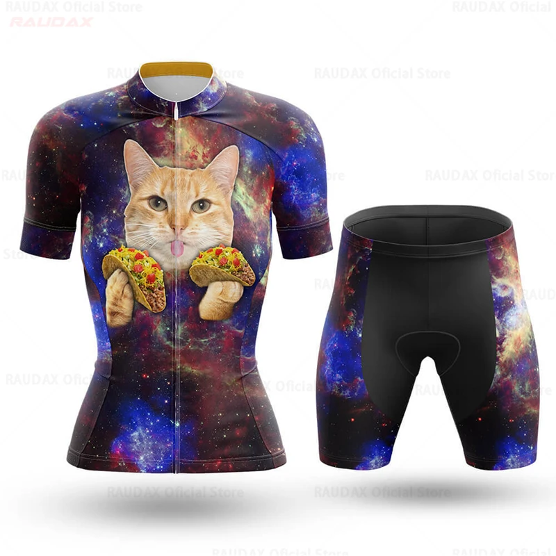 Cartoon Cat Women Cycling Jersey Set 2023 Funny Summer Bicycle Cycling Clothing Short Sleeves Bike Clothes Maillot Ropa Ciclismo