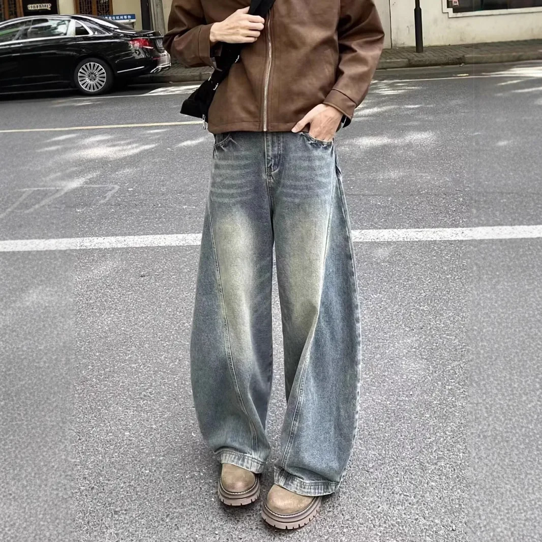 2026 Jeans Men Straight Wide Leg Curved Denim Pants Loose Casual Cowboy Trousers Fashion Streetwear Daily Bottoms Autumn Jeans