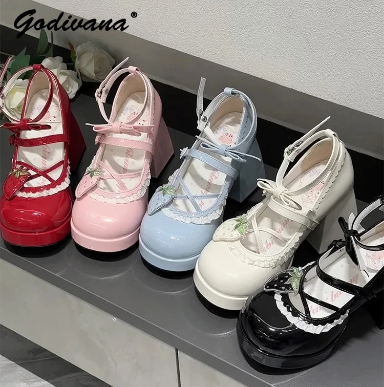 

Original Girls Lolita Strawberry High Heels New Spring Women's Round Toe Bow Leather Pump Shoes Sweet Mary Janes