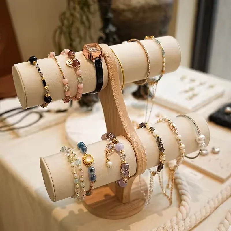 2 Tier Bracelet Holder Display Wooden Watch Stand Organizer T Bar Rack Storage Tower for Selling Retail