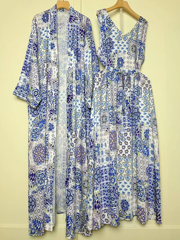 Retro geometric print long cardigan jacket two-piece set for 2025 autumn women's wear + loose sleeveless vest dress fashion set