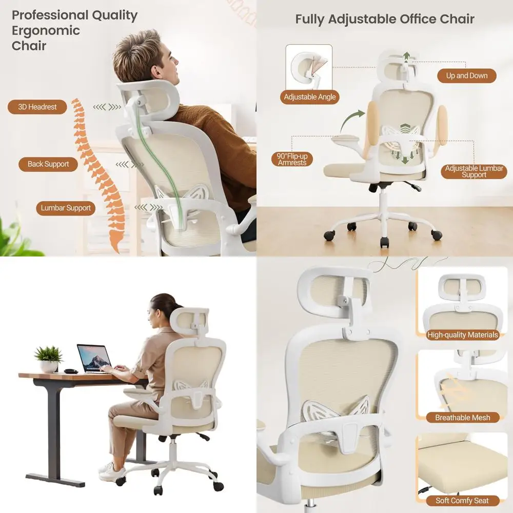 

High-Back Mesh Ergonomic Chair with 3D Headrest and Adjustable Lumbar Support for Home Office (Beige)