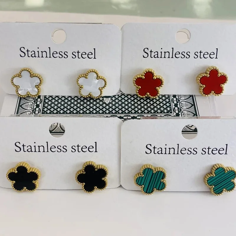 

Stainless Steel Five Leaf Flower Stud Earrings for Women 14K Gold Plated Black Red White Green Color Elegant Earrings Jewelry