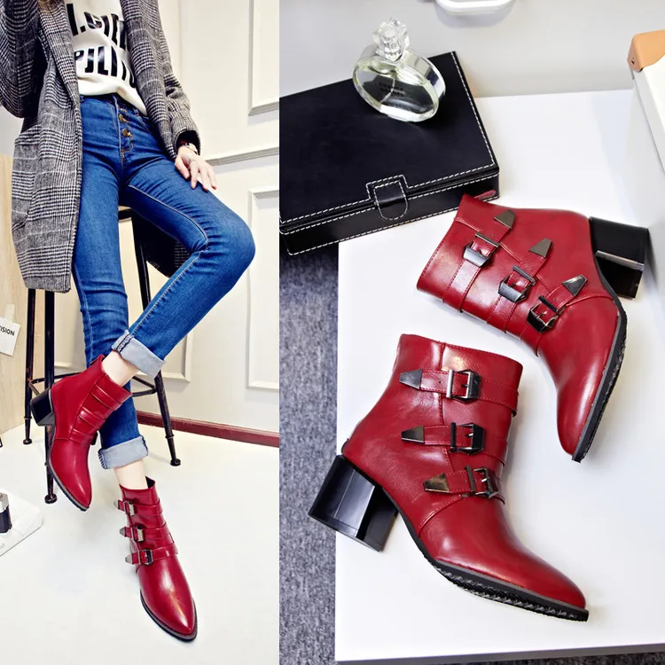 Leather Boots Women Mid-Calf Med-High Boots Metal Buckle&Strap Winter Shoes Brand  Boots Back Zipper Snow Booties 698