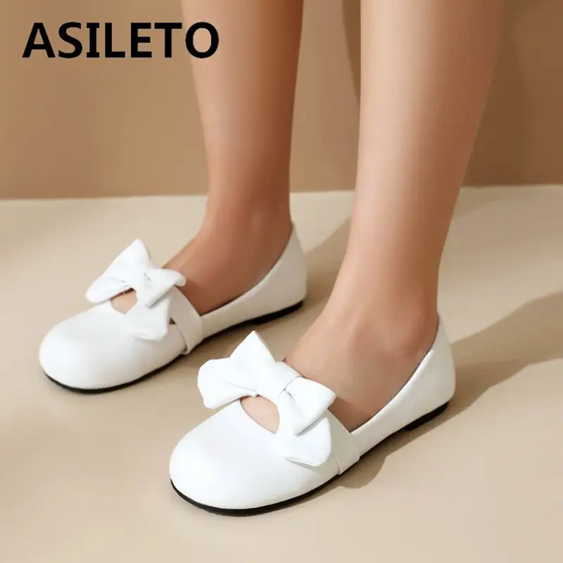 ASILETO Luxury Girls Women Flats 32 33 Round Toe Bowknot Slip On Big Size 42 43 Sweet Student Children Soft Dress Shoes Spring