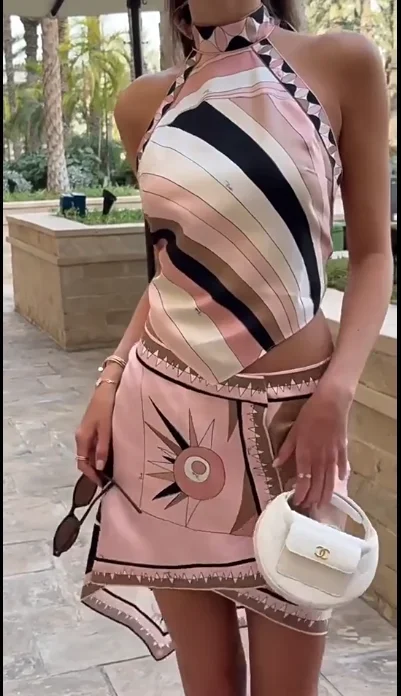 Beach Style Print Irregular Skirt Two Piece Set Women Halter Neck Leace-up Backless Tops Skirts 2 Piece Sets Casual Vacation image 5