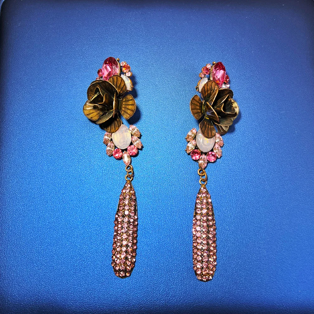 DIY accessories Haute couture vintage bronze red flower earrings fringed long rings exaggerated retro court style earrings luxur