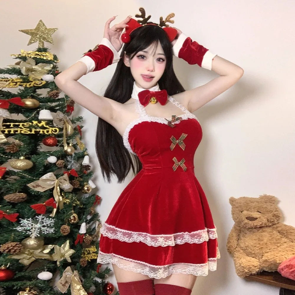 女性用クリスマスコスチューム フェイクファー付き レッドフランネル アンダーワイヤーブラ コルセット セクシーバスティエ キャミクロップトップ クリスマスパーティー レイブドレスアップ