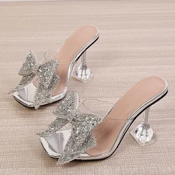 2025 New Transparent Slippers For Women Fashion Silver Crystal Bowknot High Heels Female Mules Slides Summer Sandals Shoes