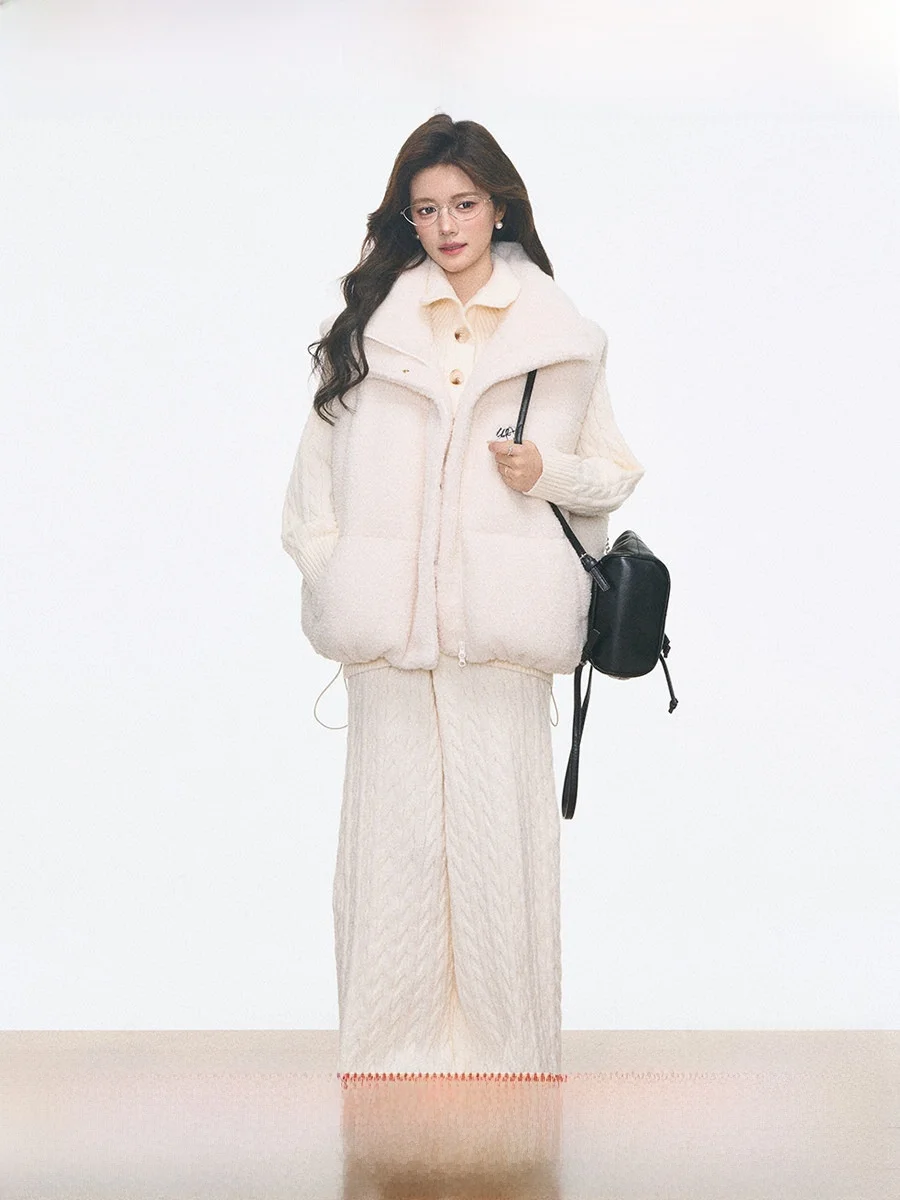 

Westayone Winter Women's Lamb Fur Cotton Jaet Vest Knitted Twisted Flower Set New Arrival Loose Korean Sle Thiened Zipper