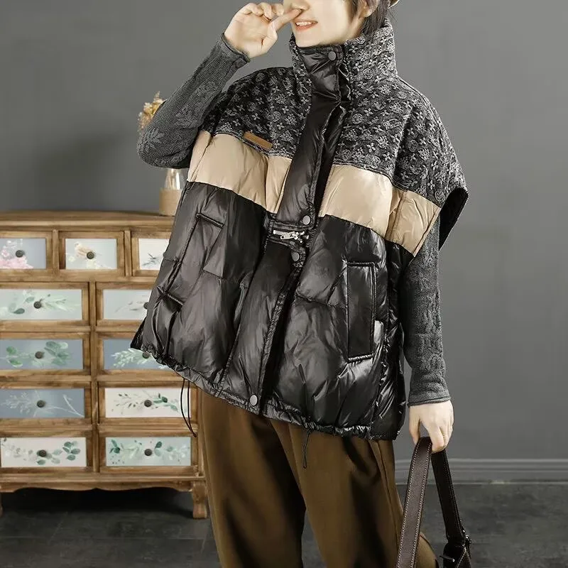 

New Stand Up Collar Contrasting Down Vest Women's Short Loose and Fashionable White Duck Down Camisole Jacket Winter Coats Women