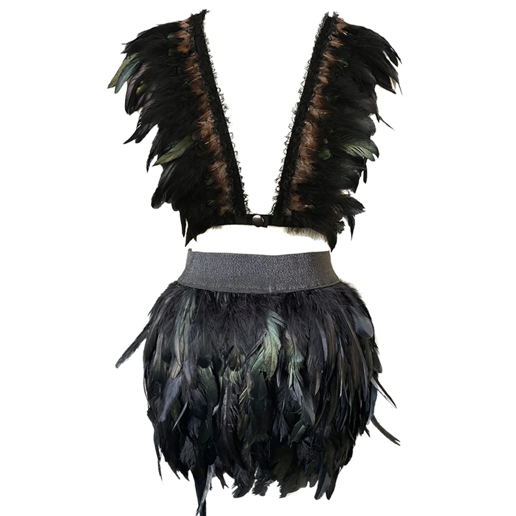 Bondage Feather Body Harnes Skirt Set Halloween Party Dance High-End Feather Shawl Women Wedding Accessories Angel Wing Cage Bra