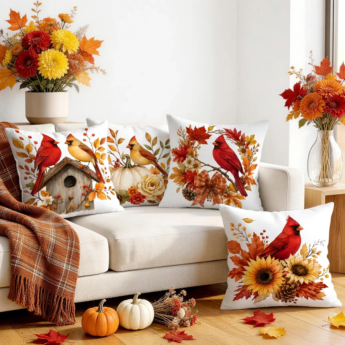 Cardinal Autumn Floral Cushions Pillowcase Polyester Cushion Cover Throw Pillow Pillowcover Home Car Sofa Decor