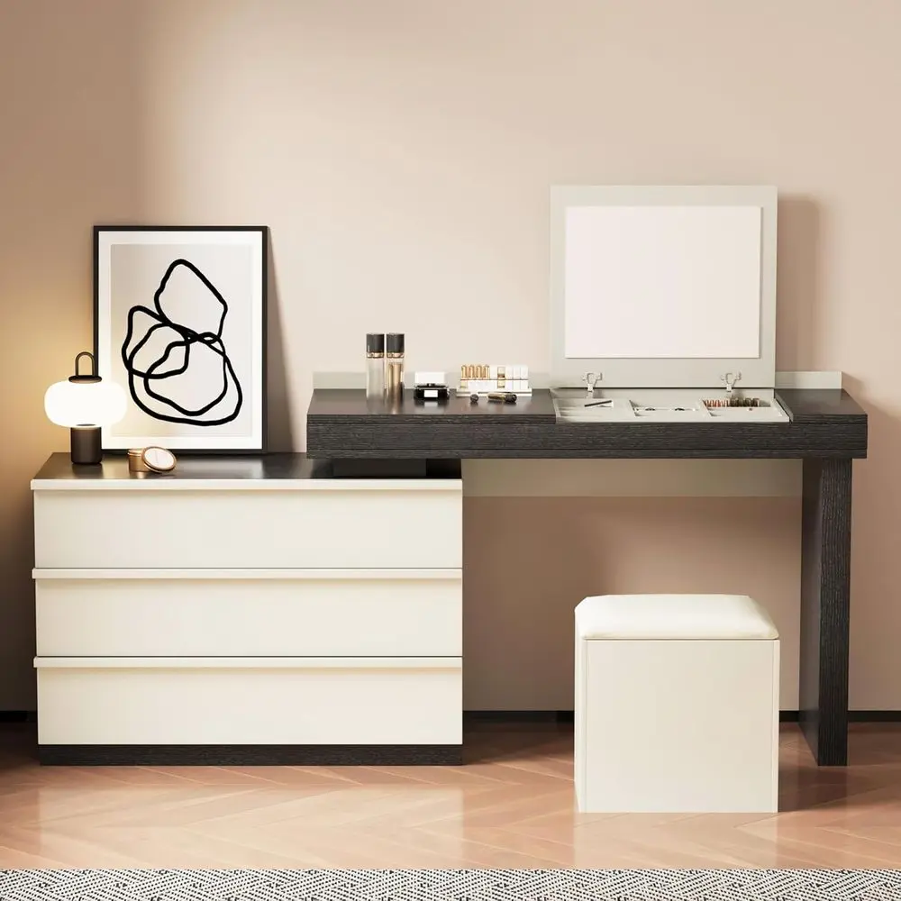 

ern 47"-70" Exble Makeup Vanity with Mirror and lry Organizer – Large Dring Table eaturing Three Ders and Matching Stool, in Bla
