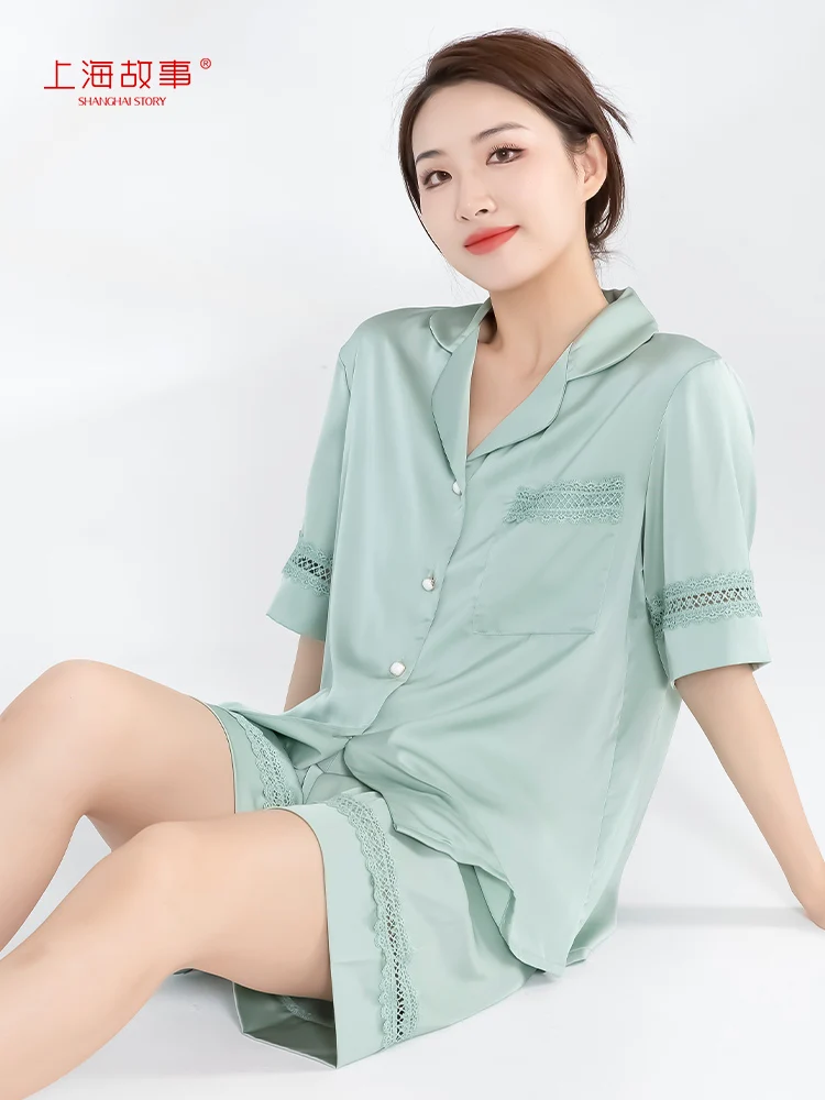 Pajamas Short Sleeve Women's Solid Color Hollow Lace Lapel Simple Casual Skin-Friendly Soft Home Wear Suit Gift Box SpringSummer