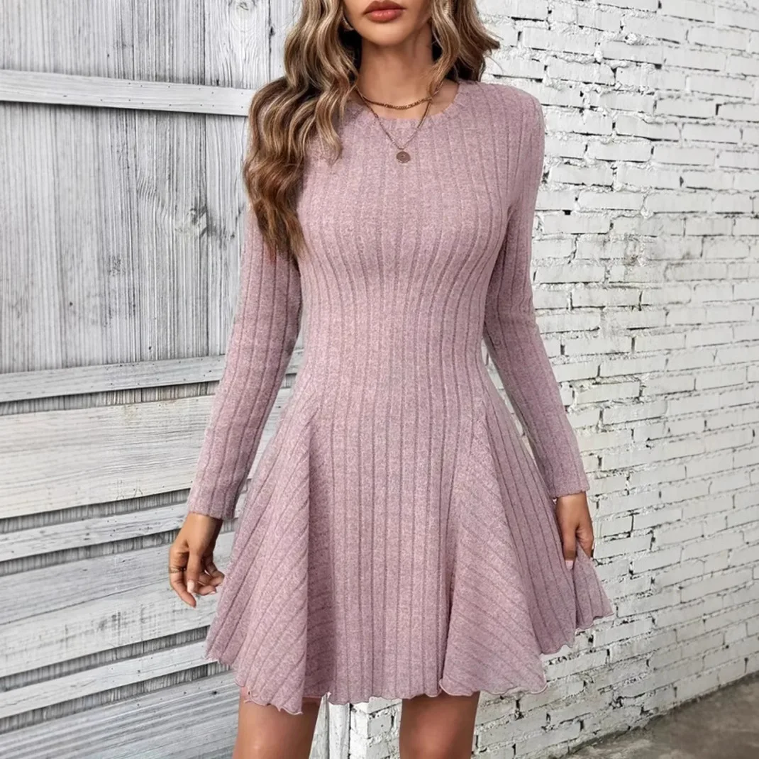 2025 spring Fashion slim purple a-line mini Dress Women Soft O-neck Bodycon Dress long sleeve elastic Knitted wedding Dresses