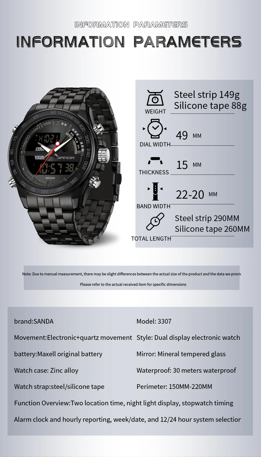 SANDA 3307 ساعة عسكرية رجالية فاخرة مقاوم للماء ساعة LED كوارتز ساعة رياضية ساعة رجالية كبيرة Relogios Masculino #4