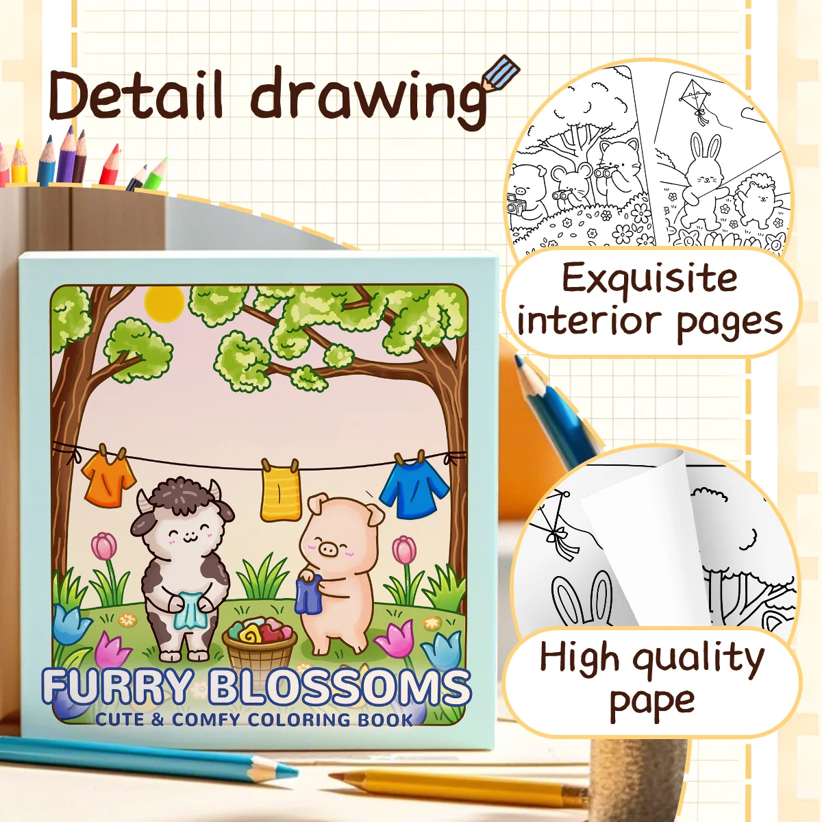 FURRY BLOSSOMS Coloring Book for Adults Cute Comfy Daily Activities for Educational DIY Relaxation Children Drawing Books