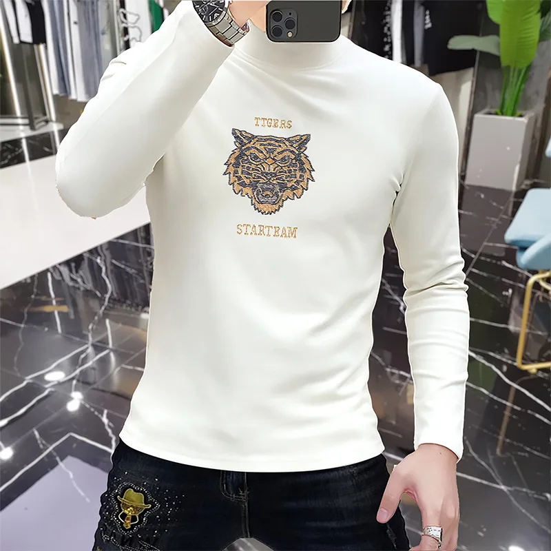 Men's Cashmere Long Sleeved Pullover Mid High Neck Sweatershirts Winter New Trend Slim Fit Interior Causal High Elasticity Tops