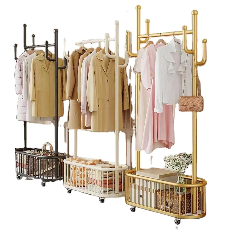 

Multifunctional Household Coat Hanger with Large Storage Basket Large Capacity Metal Coat Hanger Clothing Display Rack