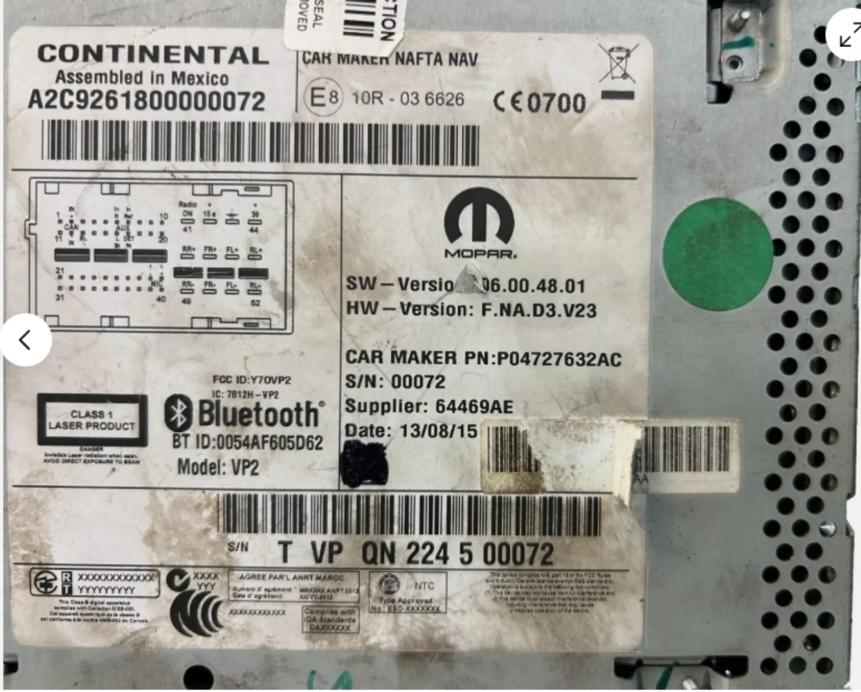2014 - 2017 Ram ProMaster VAN OEM 637 NAFTA COMPASS Ricevitore radio multimediale