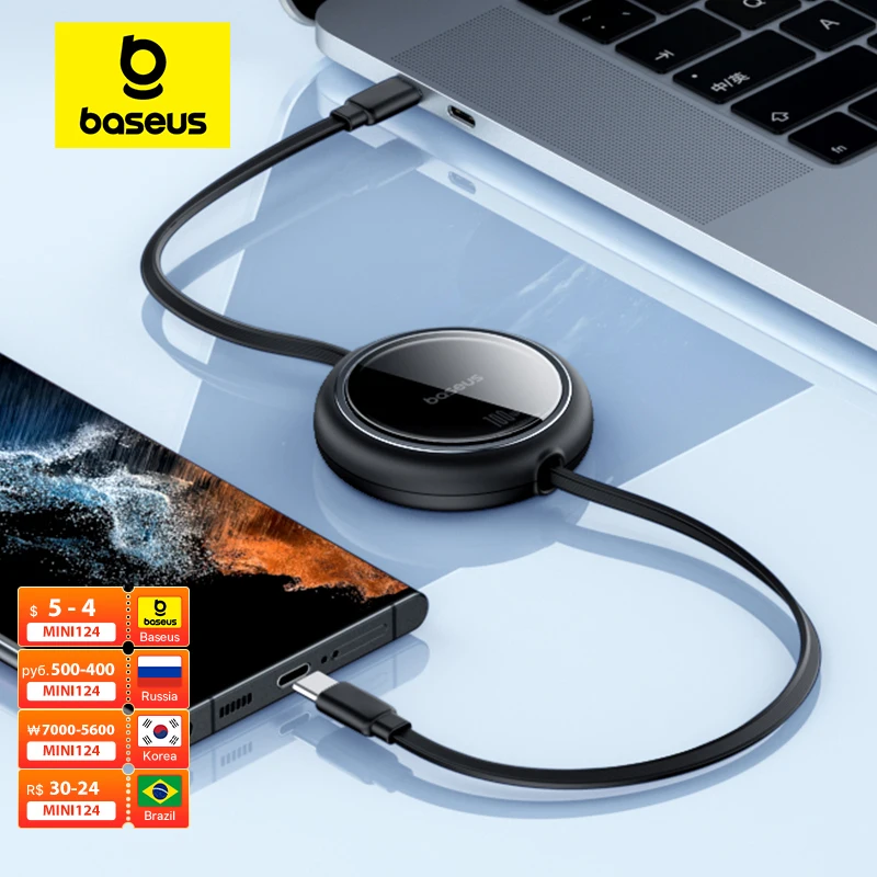 Baseus Retractable 100W USB C Cable For MacBook iPad Fast Charger Cable For iPhone 15 16 Plus Pro Max Type C For Xiaomi Samsung