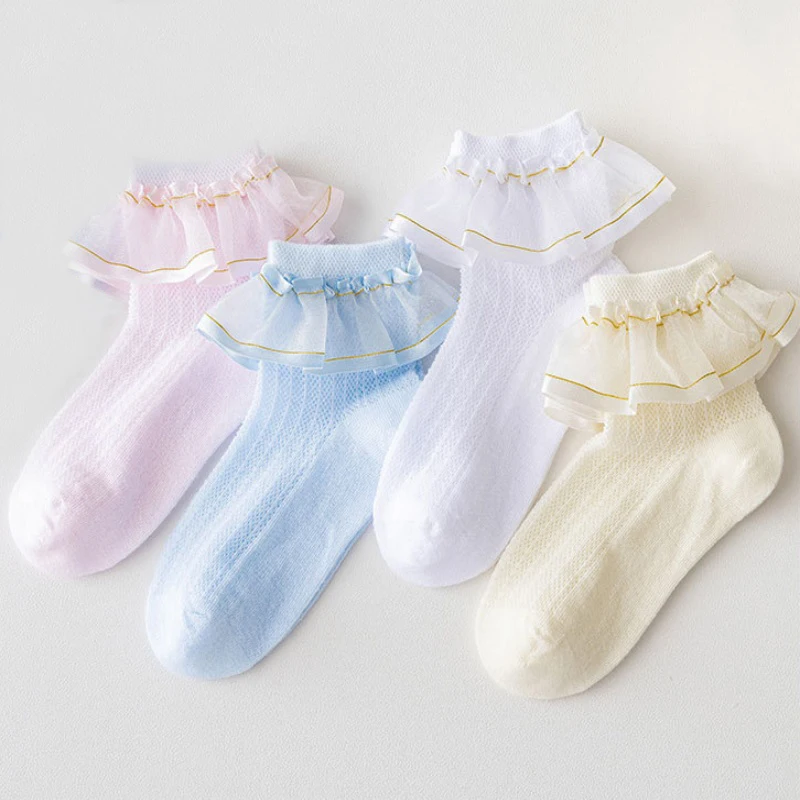 

Детские кружевные носки с рюшами для девочек, хлопковые мягкие летние сетчатые носки принцессы для студенческих танцев, белые детские носки для подростков, От 1 до 15 лет