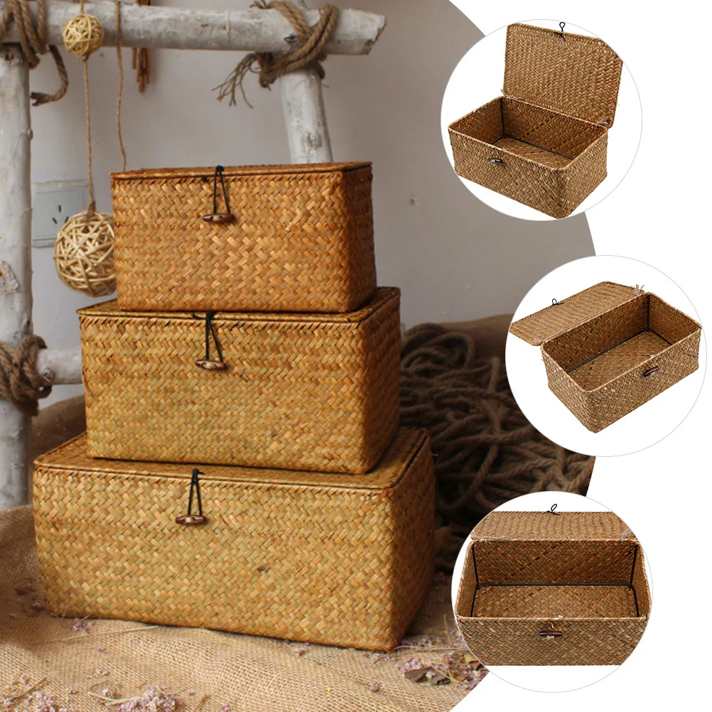 3 Pcs Storage Bins with Lids Makeup Organizer Rattan Furniture Plant Basket Woven Baskets for Seaweed Toy Case Rustic Baby