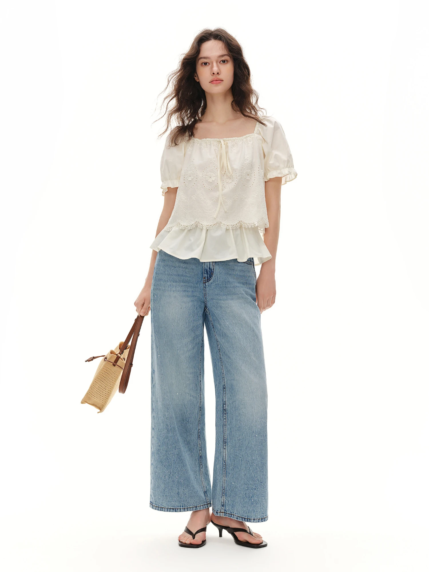 DUSHU 2026 Summer Women's Square Neck Lace Trim Blouse - Garden Cottage Style for Relaxed and Daily Wear