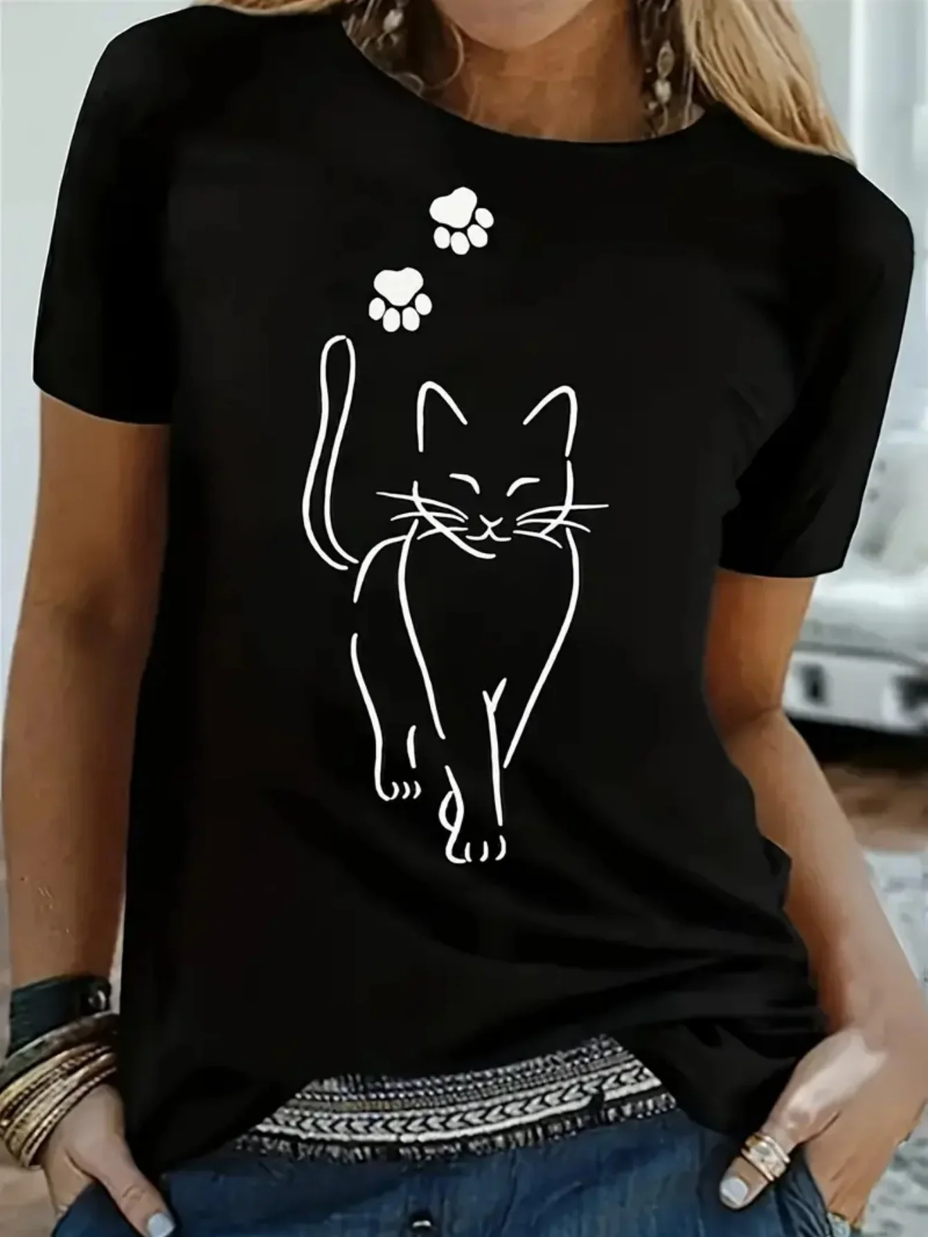 

Women's Vintage Inspired Cat & Paw Print Graphic T-Shirt Soft Breathable Fabric Relaxed Fit Round Neck Short Sleeve