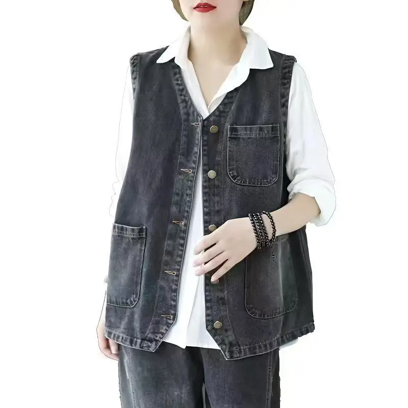 Fashionable Loose Women's Denim Vest Collarless Versatile Shoulder Bared Jacket Spring Autumn New Style Casual Outerwear