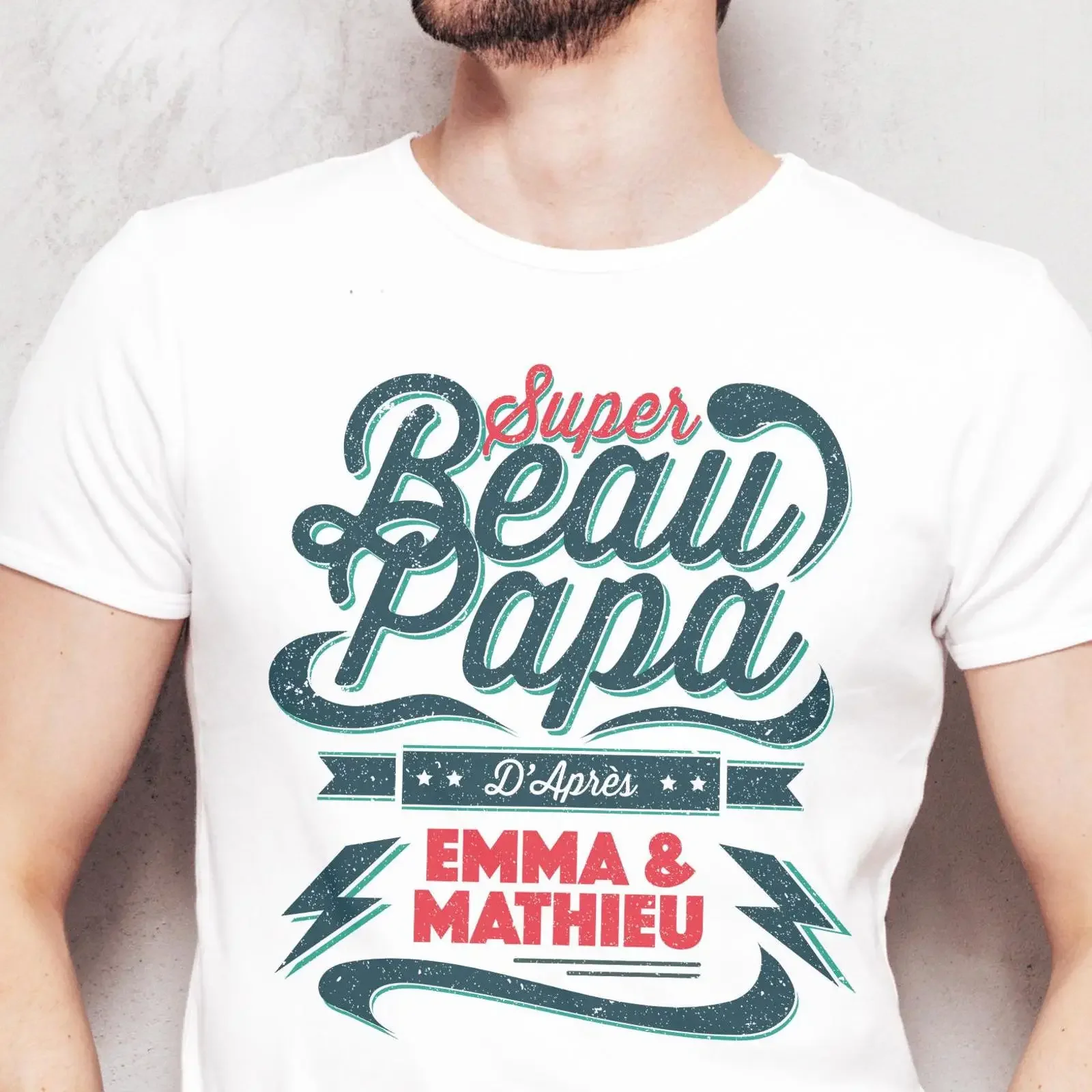 Super Beau Papa Custom Stepfather T shirt Personalized Stepkids Names Men's Casual Father's Day  vintage Washed homme
