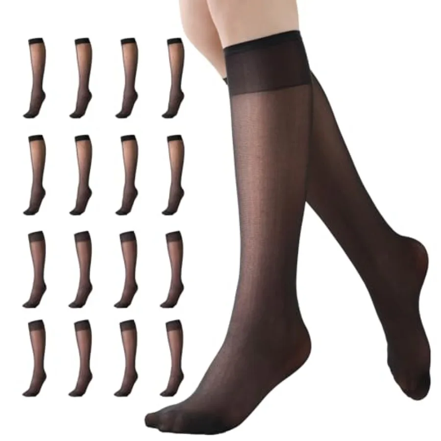 8 pares de medias transparentes hasta la rodilla para mujer, calcetines transparentes con lunares negros, elásticos y transpirables con puntera de nailon reforzada