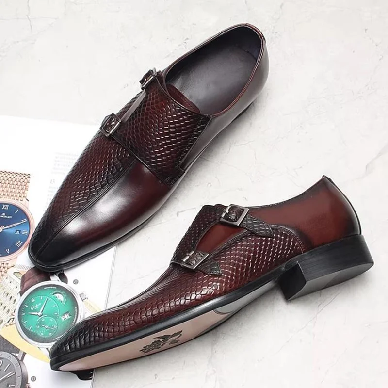 

Мужские кожаные туфли в британском стиле с узором «рыбья чешуя», на двойной пряжке, лоферы, монки, классические туфли из натуральной кожи