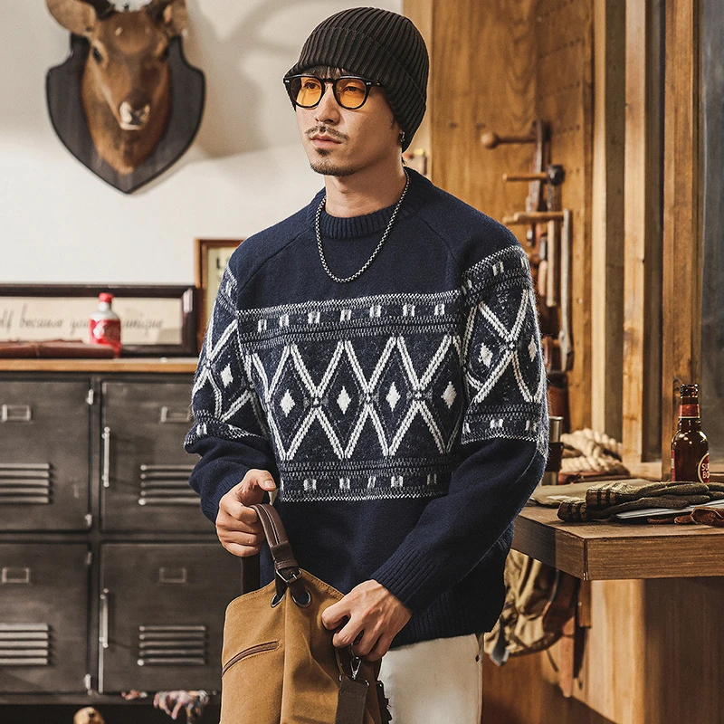 Men's Casual Sweaters New 2026 Autumn American Retro O-neck Geometric Pattern Loose Male Long Sleeve Knitted Pullovers N1017