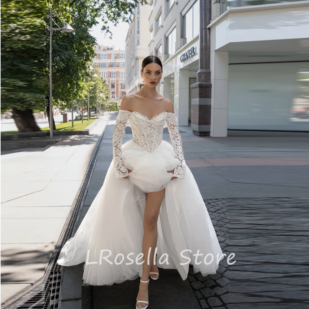 LRosella Wedding Dress Pearls Off-the-shoulder Ruched A-Line Lace Elegant Exquisite style Luxury  فساتي2024 with Sweep Train