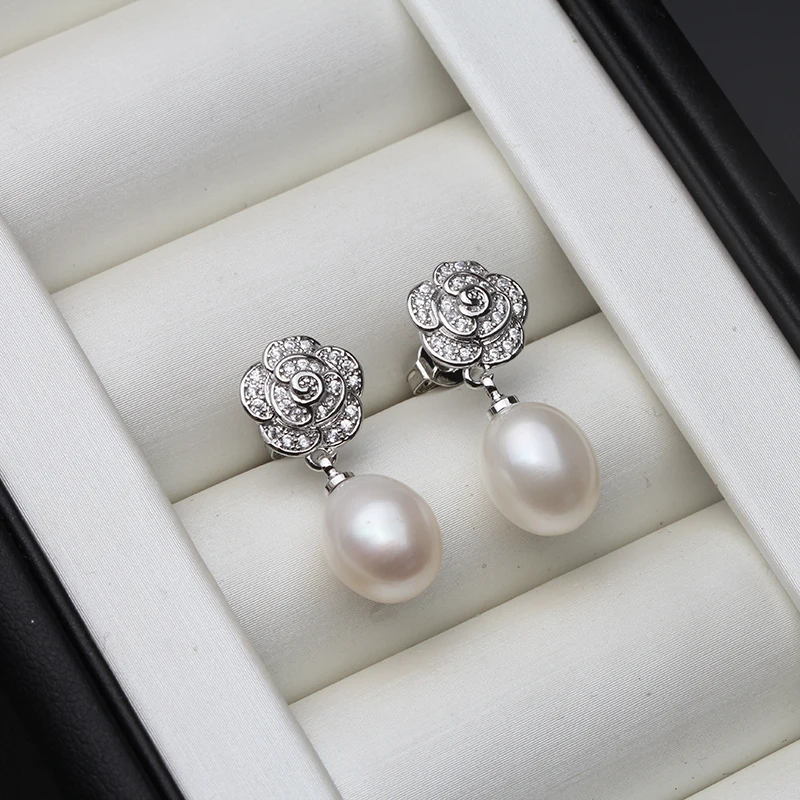 925 Sterling Silver Stud Earrings Jewelry,Fashion Natural River White Pearl Earring Wedding Gift