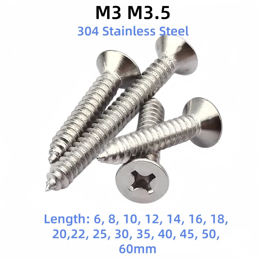 304 Stainless Steel Cross Drive Flat Head Fasteners, M3 M3.5 Countersunk Self Tapping Wood Screws, Multiple Length 6-60mm