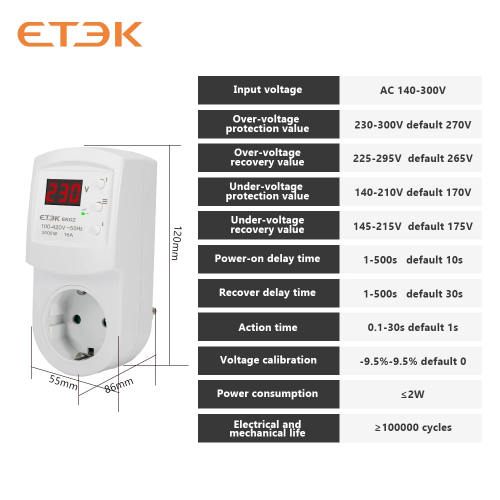 ETEC 過電圧保護リレー 16A AC140-300V 16A 電子多機能冷蔵庫プラグとソケット EKCZ