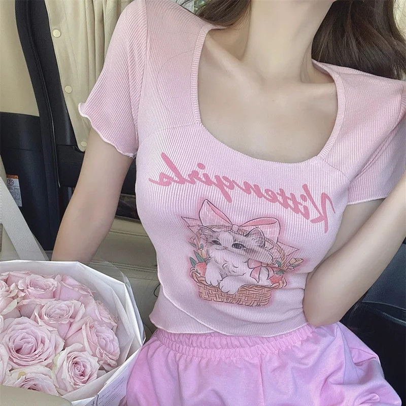 New Summer Women Cutecore Square Neck Tops Lady Cartoon Print Y2k Clothes Female Sweet Spicy Style Pink Short Sleeved T-shirt