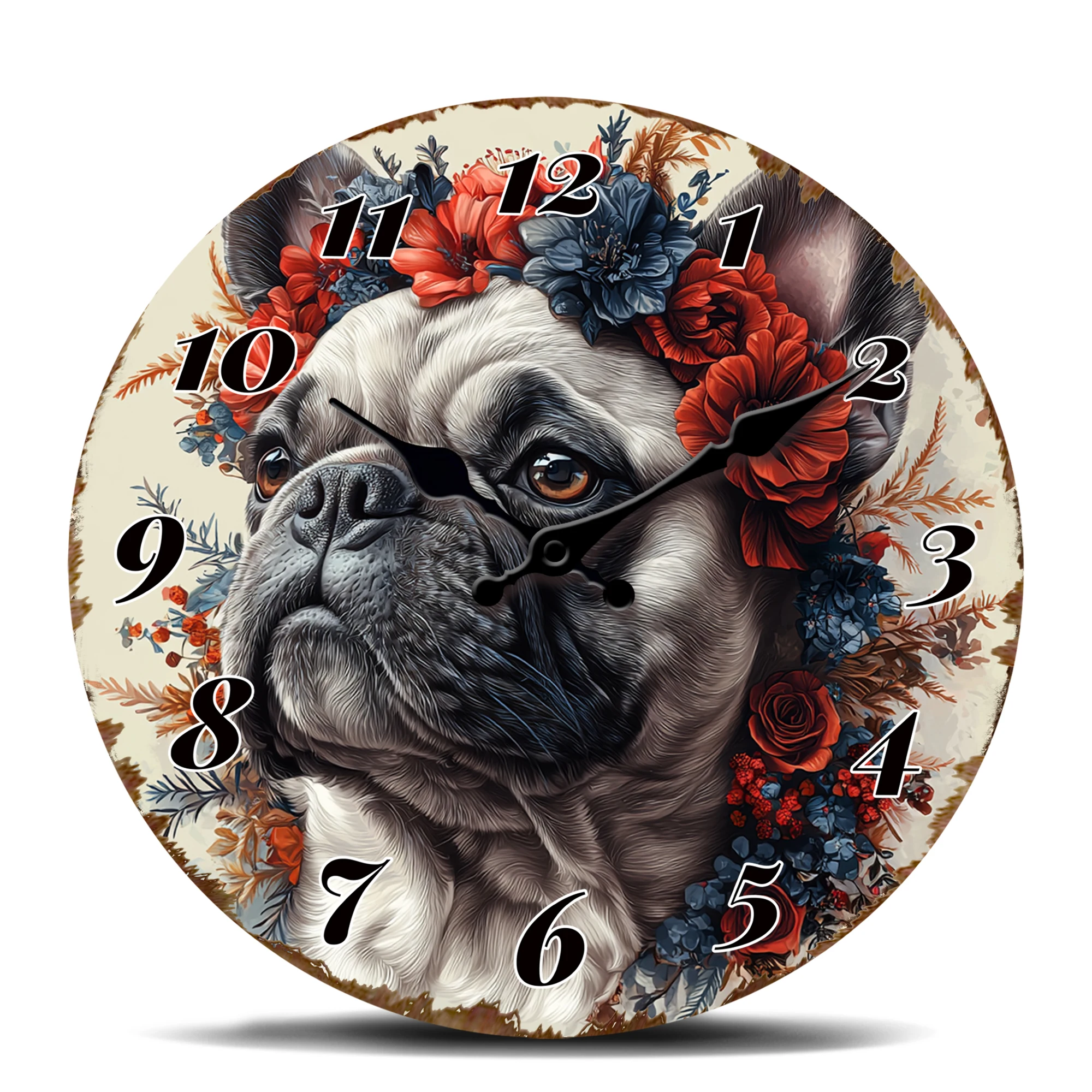 Adorable Pug Dog with Floral Crown Round Wall Clock - Decorative Timepiece for Home, Office, or Kitchen