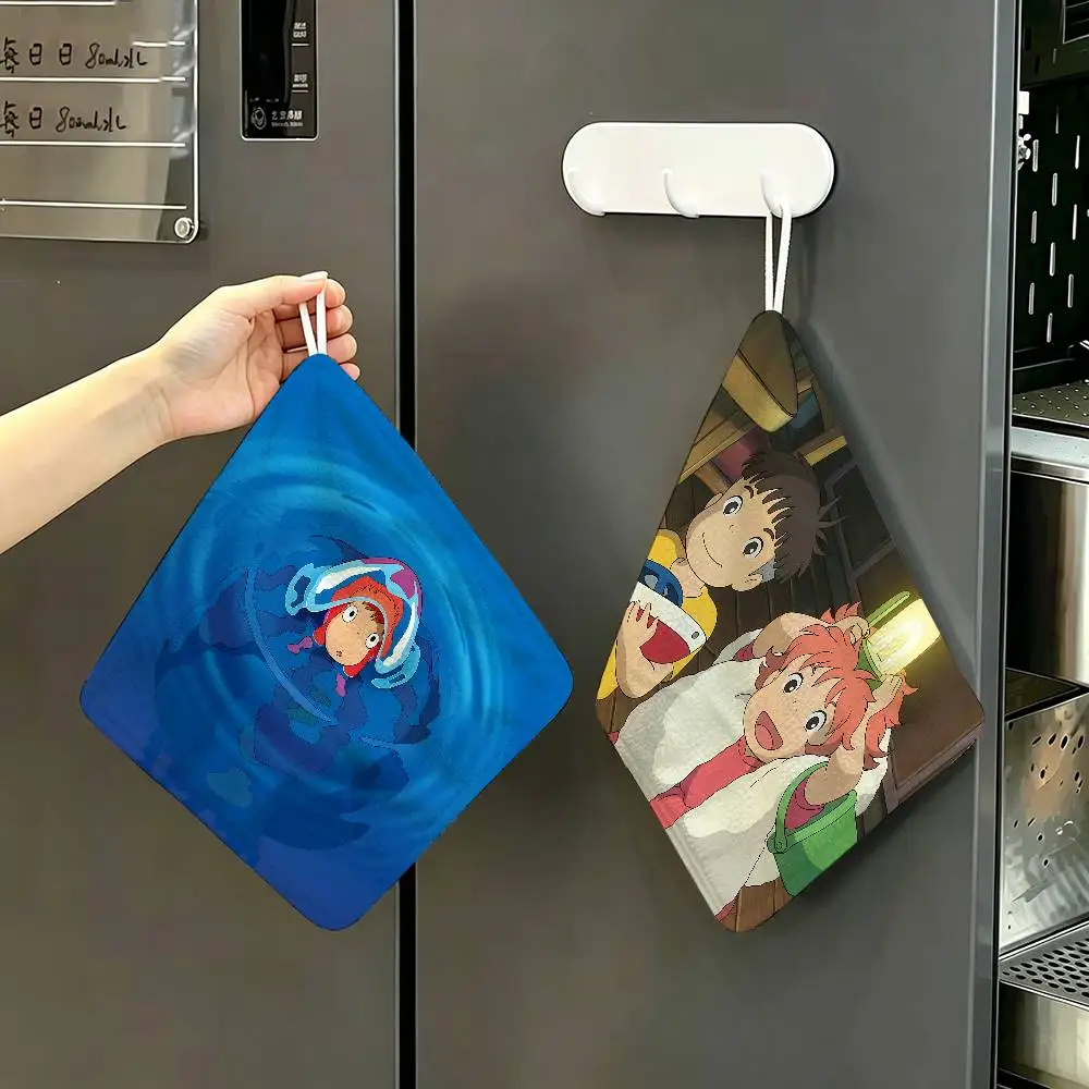 Cute P-Ponyo Movie on The Cliff Polyester Cotton Hand Wiping Towel, Hanging Towel, Quick Dry for Kitchen Bathroom Daily Supplies