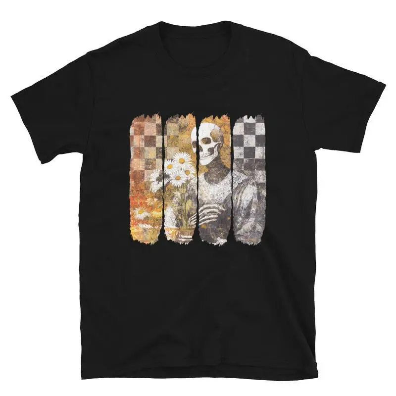 

Retro Goth T-shirt Skeleton & Daisy Checkerboard Graphic Tee Men Women Skater Streetwear Top
