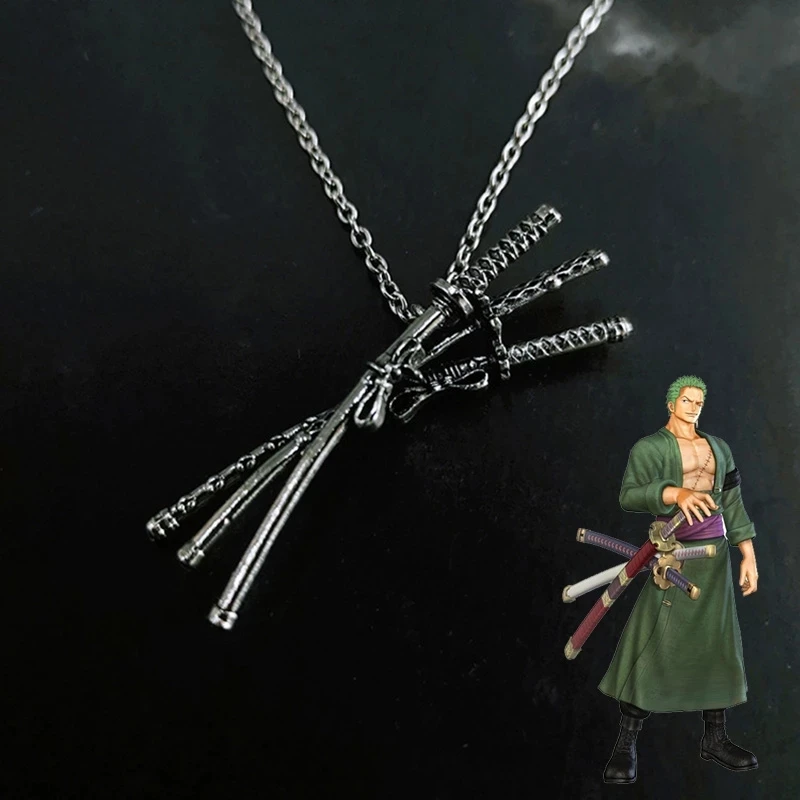 Collar genial de Anime Roronoa Zoro, colgante de tres cuchillos, Cosplay de Anime, tres espadas, accesorios colgantes fluidos