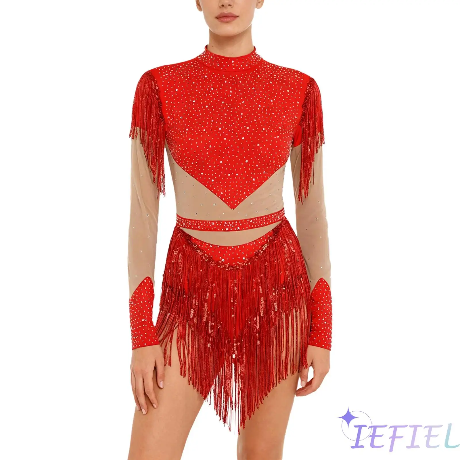

Womens Figure Skating Performance Costume Lyrical Rhinestone Latin Dance Bodysuit Sequin Tassel Long Sleeve Chacha Rumba Leotard