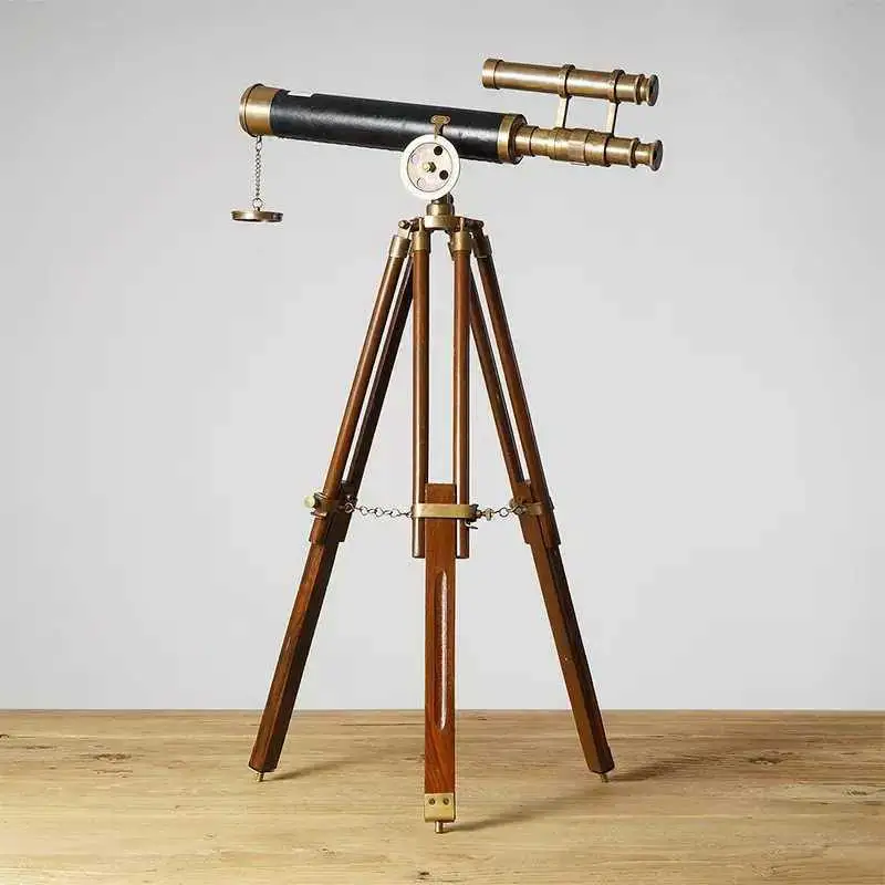 Telescope Copper tube wooden bracket Telescope retro home ornament