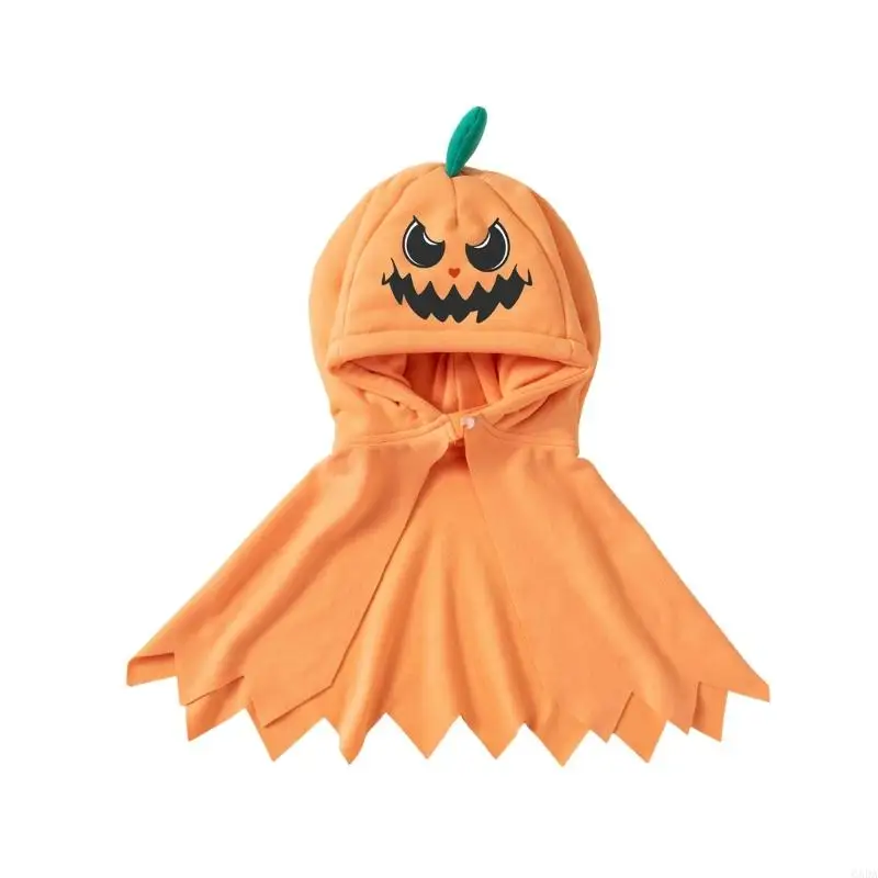 Pumpkin Costume Cloak Capelet with Face Design and Coordinated Stem Accent 6XDA